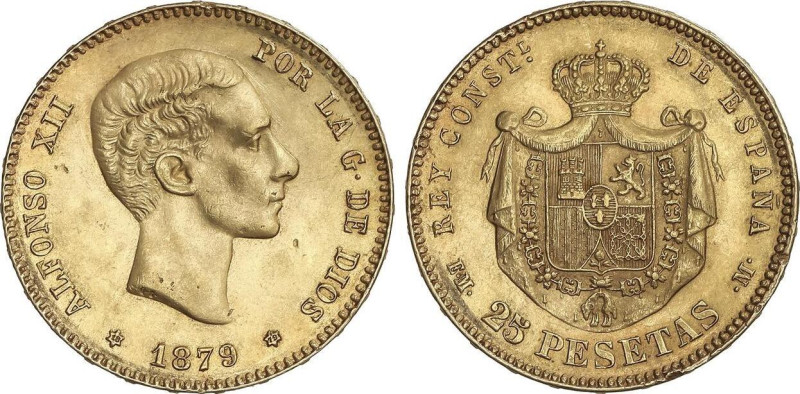 25 Pesetas. 1879 (*18-79). E.E.-M. 8,07 grs. (Golpecitos, algo alabeada). MBC+.