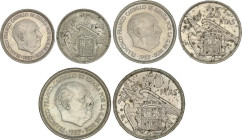 Serie 3 monedas 5, 25 y 50 Pesetas. 1957 (*BA). I Exposición Iberoamericana de Numismática y Medallística. (Manchitas en reverso). EBC+ a SC.