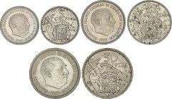 Serie 3 monedas 5, 25 y 50 Pesetas. 1957 (*BA). I Exposición Iberoamericana de Numismática y Medallística. (Manchitas en reverso). EBC a SC.