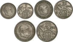 Serie 3 monedas 5, 25 y 50 Pesetas. 1957 (*BA). I Exposición Iberoamericana de Numismática y Medallística. (Golpecitos). MBC+.