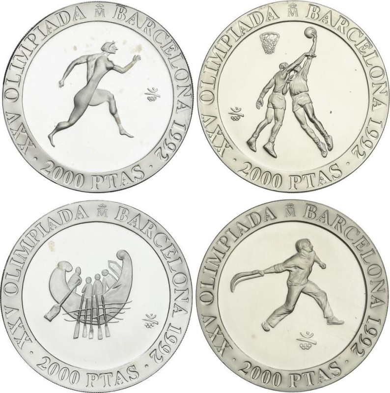 Lote 4 monedas 2.000 Pesetas. 1990. AR. II Serie: Atleta griego, Barca de Tamusi...