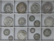 Lote 15 monedas. CARLOS IV a ESTADO ESPAÑOL. AR. 1 Real 1796 Sevilla, 1/2 Real 1817 Madrid, 2 Reales 1853, 3 monedas 1 Peseta 1899 (2), 1900. 2 moneda...