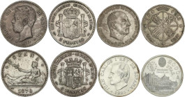 Lote 4 monedas 5 a 2.000 Pesetas. GOBIERNO PROVISIONAL a JUAN CARLOS I. Incluye 2 monedas 5 Pesetas 1870 *70 y reproducción plata 1871 (*73), 100 pese...