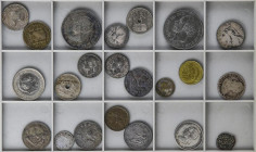 Lote 22 monedas resto final de colección. AE, AR (1), Calamina, CuNi, latón. Contiene 1 Grano Felipe IV Messina. 2 Reales 1808 Fernando VII Potosi BC+...