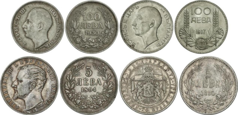 Lote 4 monedas 5 (2), 100 Leva (2). 1885, 1894, 1930 y 1937. AR. A EXAMINAR. KM-...