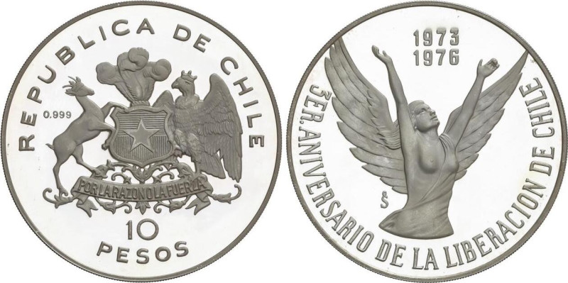 10 Pesos. 1976. 44,85 grs. AR. III aniversario Liberación de Chile. Tirada máxim...