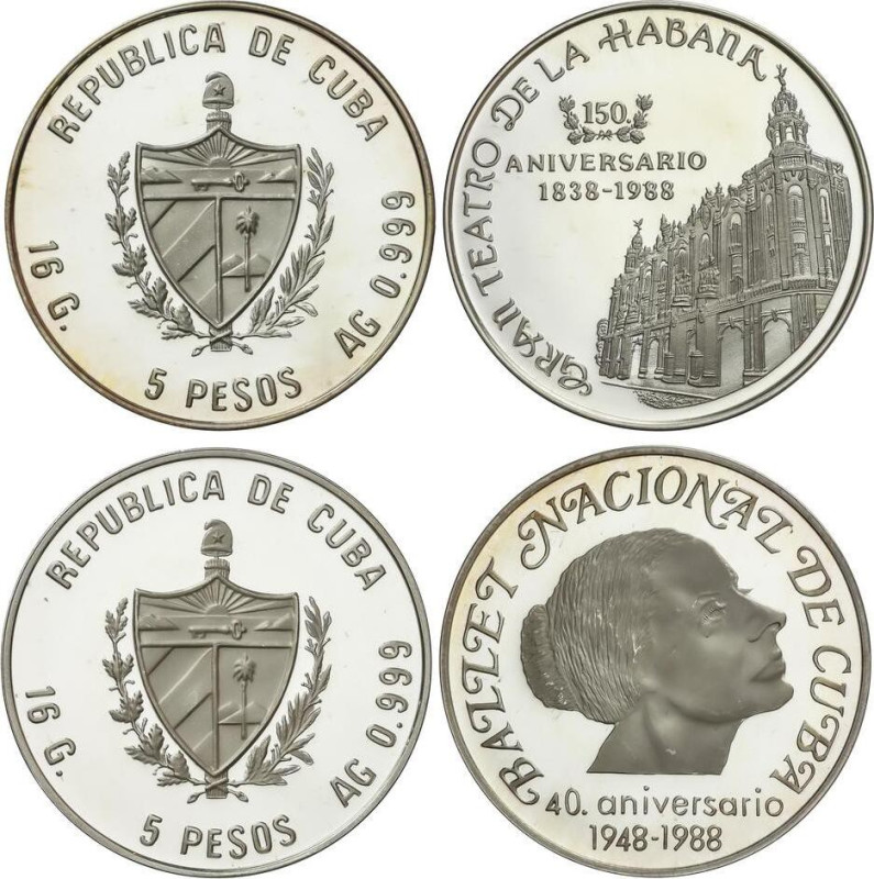 Lote 2 monedas 5 Pesos. 1988. 16,00 y 16,00 grs. AR. 40 Aniversario ballet nacio...