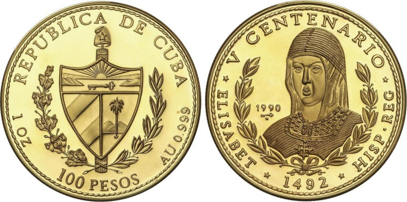 100 Pesos. 1990. 31,20 grs. AU. V Centenario. Reina Isabel La Católica. Tirada m...