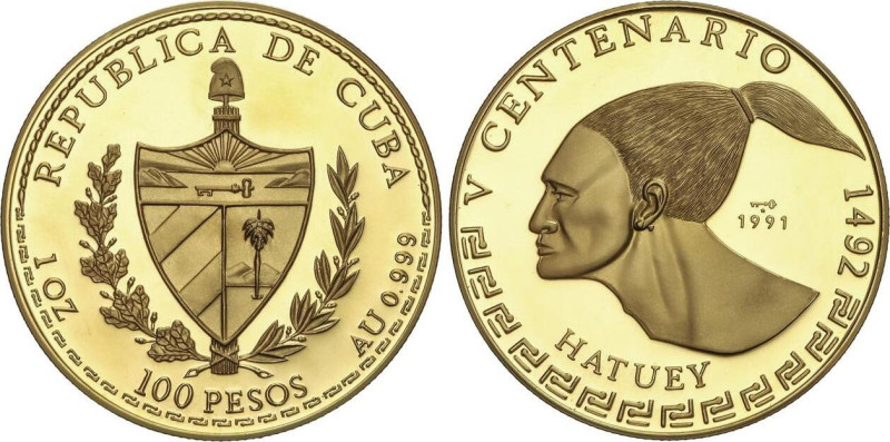 100 Pesos. 1991. 31,00 grs. AU. V Centenario: Hatuey. Tirada máxima: 200 Piezas....