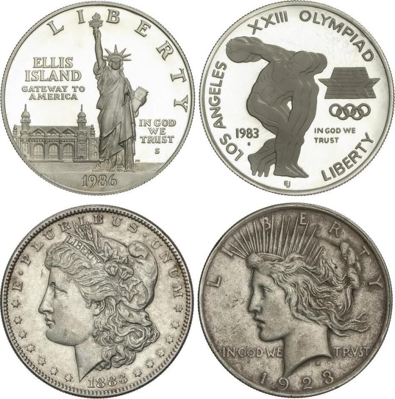 Lote 4 monedas 1 Dollar. AR. 1883 Tipo Morgan, 1923 Tipo Paz, 1983 Olimpiada Los...