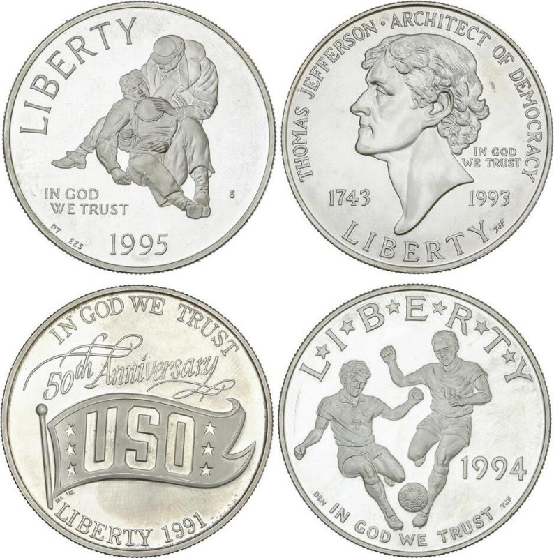 Lote 4 monedas 1 Dollar. 1991-S, 1993-P, 1994-S, 1995-S. AR. 50 aniversario USO,...