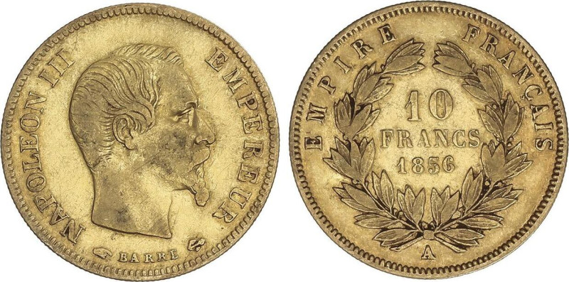 10 Francs. 1856. NAPOLEON III. PARÍS. 3,18 grs. AU. (Pequeñas rayitas). Fr-576a;...