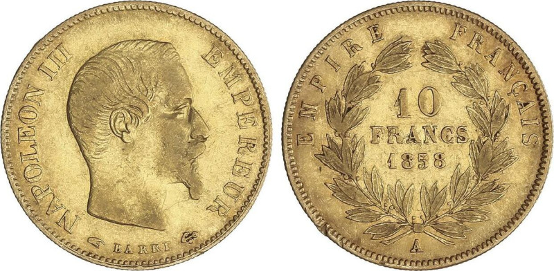 10 Francs. 1858. NAPOLEON III. PARÍS. 3,17 grs. AU. (Leves rayitas). Fr-576a; KM...