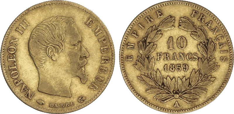 10 Francs. 1859. NAPOLEON III. PARÍS. 3,18 grs. AU. (Leves rayitas). Fr-576a; KM...