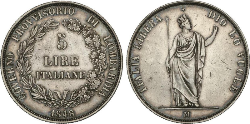 5 Lire. 1848-M. MILÁN. LOMBARDÍA. 24,88 grs. AR. (Pequeños golpecitos). Leve pát...