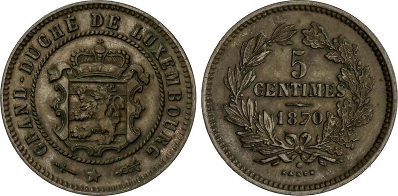 5 Centimes. 1870. GUILLERMO III. 4,99 grs. AE. KM-22.1. EBC-.