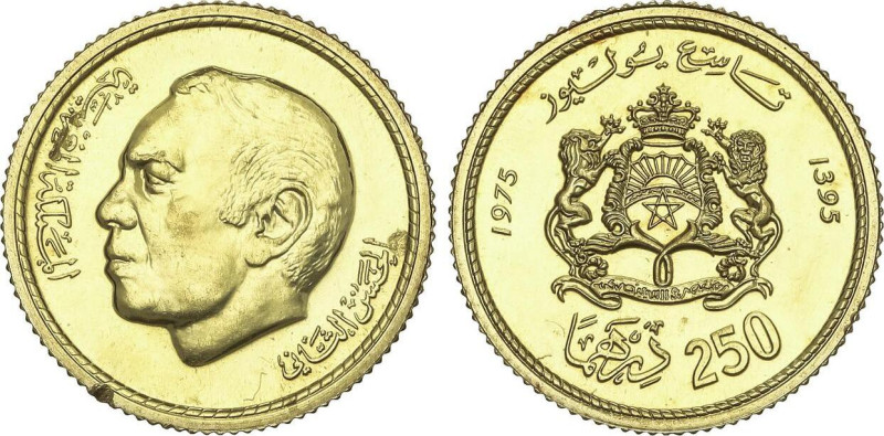 250 Dirhams. 1395 d.H-1975. 6,53 grs. AU. Aniversario del rey Hassan II. Tirada ...