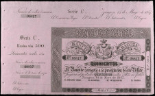 500 Reales de Vellón. 14 Mayo 1857. BANCO DE ZARAGOZA. Serie C. Con matriz, margen superior y sin firmas. Ed-128B. SC-.