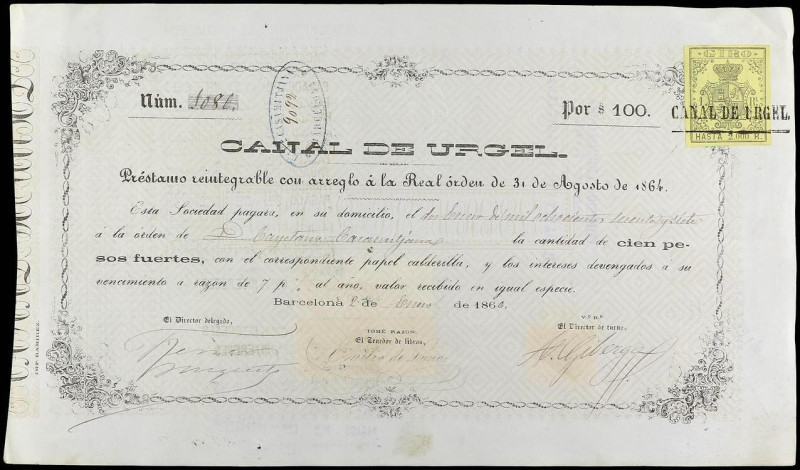 Obligación-Pagaré 100 Pesos Fuertes. 2 Enero 1866. CANAL DE URGEL. BARCELONA. Pé...