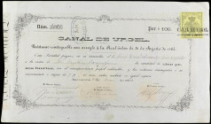 Obligación-Pagaré 100 Pesos Fuertes. 2 Enero 1866. CANAL DE URGEL. BARCELONA. Péstamo reintegrable según la Real Orden del 31 Agosto 1864. Sello en se...