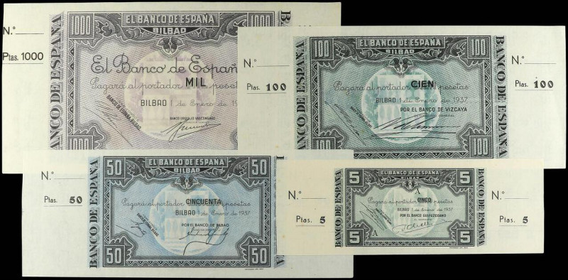 Lote 4 billetes 5, 50, 100 y 1.000 Pesetas. 1 Enero 1937. EL BANCO DE ESPAÑA. BI...