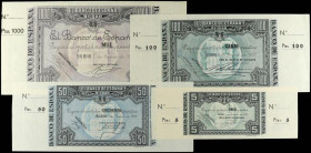 Lote 4 billetes 5, 50, 100 y 1.000 Pesetas. 1 Enero 1937. EL BANCO DE ESPAÑA. BILBAO. Antefirmas: Banco de Vizcaya, Banco Urquijo Vascongado, Banco Gu...