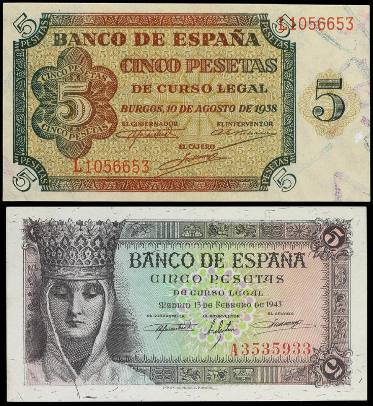 Lote 2 billetes 5 Pesetas. 1938 y 1943. Serie L e Isabel La Católica Serie A. (E...