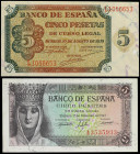 Lote 2 billetes 5 Pesetas. 1938 y 1943. Serie L e Isabel La Católica Serie A. (El de 1938 arruguitas). Ed-435a, 446a. SC.