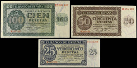 Lote 3 billetes 25, 50 y 100 Pesetas. 21 Noviembre 1936. Series: R, S y X. A EXAMINAR. Ed-419a, 420a, 421a. EBC- a EBC.