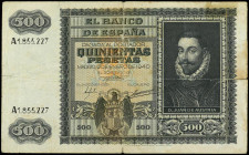 500 Pesetas. 9 Enero 1940. Juan de Austria. (Roturas y manchitas). Ed-439. BC+.