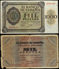 Lote 2 billetes 1.000 Pesetas. 21 Noviembre 1936 y 20 Mayo 1938. Alcázar de Toledo, Serie A y Púlpito de San Agustín. (Roturas). A EXAMINAR. Ed-423, 4...