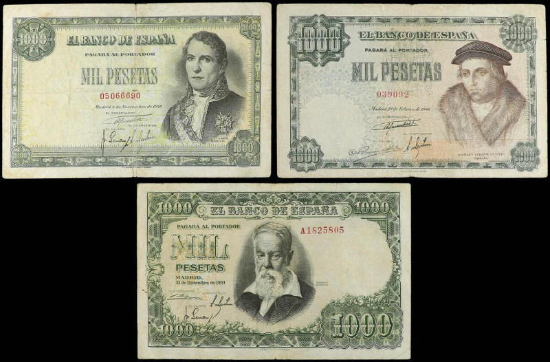 Lote 3 billetes 1.000 Pesetas. 1946, 1949 y 1951. Luis Vives, Marqués de Santill...