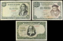 Lote 3 billetes 1.000 Pesetas. 1946, 1949 y 1951. Luis Vives, Marqués de Santillán y Sorolla Serie A. (Los tres con pequeñas roturas). Ed-453, 458, 46...