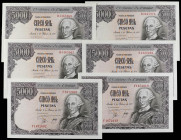 Lote 6 billetes 5.000 Pesetas. 6 Febrero 1976. Carlos III. Series F y R. Incluye una pareja correlativa. Ed-475a. EBC- a EBC+.