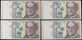 Lote 4 billetes 5.000 Pesetas. 12 Octubre 1992. Colón. Todos Sin Serie. (Arruguitas). Ed-484. SC.