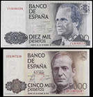 Lote 2 billetes 5.000 y 10.000 Pesetas. Octubre 1979 y Septiembre 1985. Colón y Juan Carlos I. Serie 1V y 2V. Ed-478a, 481a. SC.
