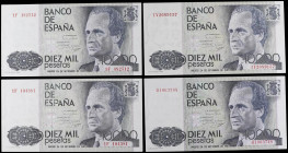 Lote 4 billetes 10.000 Pesetas. 24 Septiembre 1985. Juan Carlos I. Serie Q, 1F (2) y 1V. (Uno con leve doblez en esquina). Ed-481a. SC.