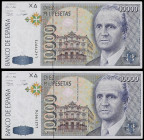 Lote 2 billetes 10.000 Pesetas. 12 Octubre 1992. Juan Carlos I. Serie L. Pareja correlativa. Ed-485a. SC.