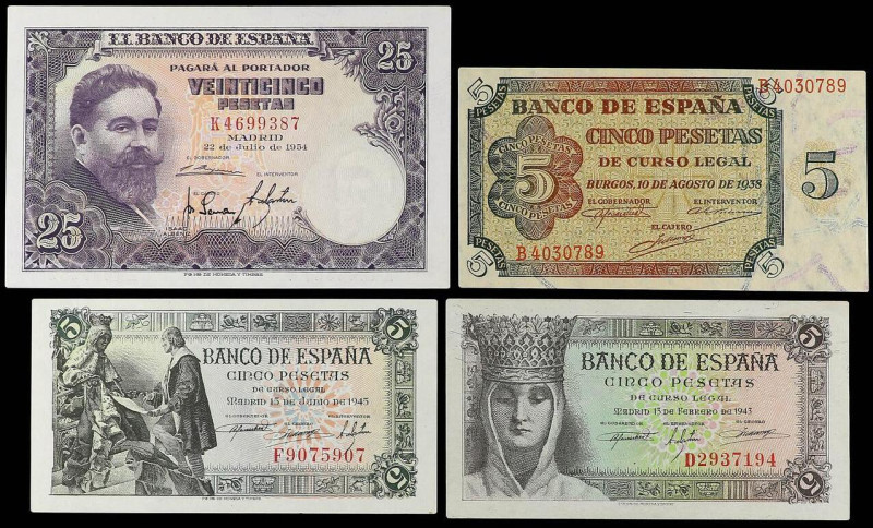 Lote 4 billetes 5 (3) y 25 Pesetas. 1938 a 1954. 5 Pesetas Agosto 1938 Serie B, ...