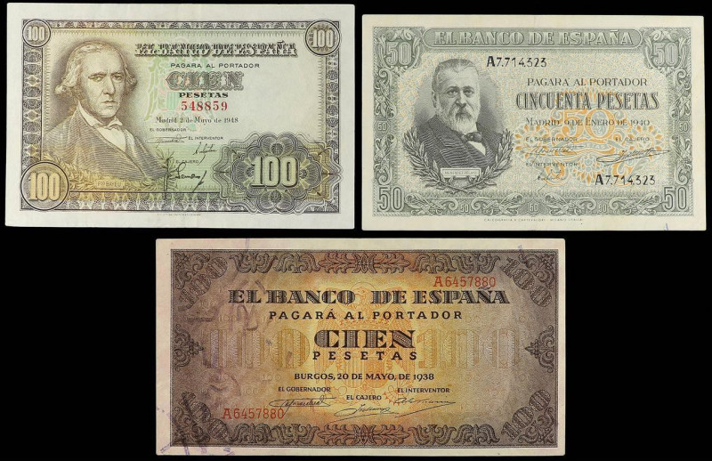 Lote 3 billetes 50 y 100 Pesetas (2). 1938, 1940 y 1948. 50 Pesetas Menendez Pel...
