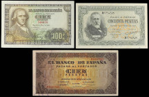 Lote 3 billetes 50 y 100 Pesetas (2). 1938, 1940 y 1948. 50 Pesetas Menendez Pelayo Serie A, 100 Pesetas Casa del Cordón Serie A y 100 Pesetas Bayeu S...