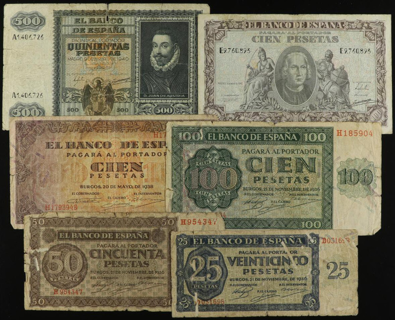 Lote 6 billetes 25, 50, 100 (3), 500 Pesetas. 1936 a 1940. A EXAMINAR. Ed-419a, ...