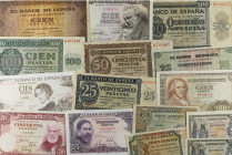 Lote 16 billetes 2 a 500 Pesetas. 1936 a 1965. Todos diferentes excepto uno. A EXAMINAR. BC+ a SC-.