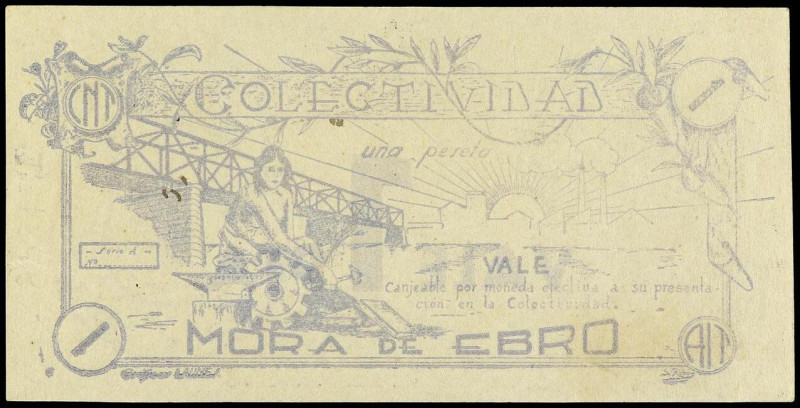 1 Peseta. Colectividad de MORA DE EBRO. (C.N.T.-A.I.T.). RARO. T-1848; RGH-8840....