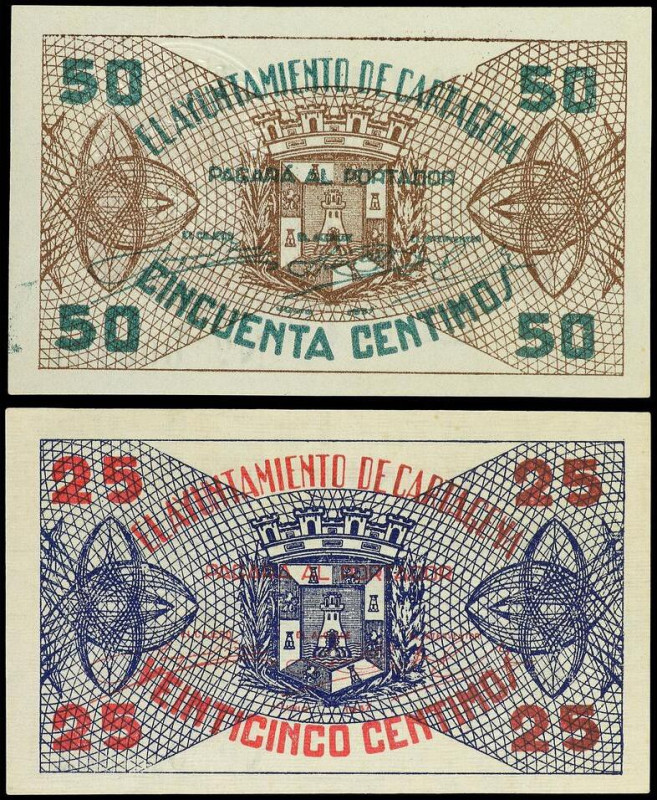 Lote 2 billetes 25 y 50 Céntimos. Ay. de CARTAGENA (Murcia). Los dos con sello e...