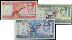 Lote 3 billetes 5, 10 y 25 Dalasis. (1991-95). GAMBIA. Kairaba Jawara. Los tres SPECIMEN y numeración A0000000. Pick-12s, 13s, 14s. SC.