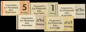 Lote 5 fichas 0, 05, 0, 10, 0, 50, 1 y 5 Pesetas. COOPERATIVA LA FRATERNAL. SAN GINÉS DE VILASAR. Cartón. A EXAMINAR. L-521/525. MBC+ a EBC.