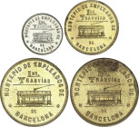 Lote 4 fichas 5, 10 (2) y 50 Céntimos. 1916. MONTEPÍO DE EMPLEADOS. LOS TRANVIAS DE BARCELONA. Latón (3), Ni. L-934, 935, 936v, 938. EBC- a EBC.