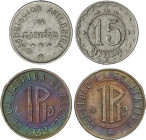 Lote 2 fichas 15 Céntimos y 1 Peseta. 1932 y S/F. SOCIEDAD LA EQUITATIVA MIERES y ASOCIACION AVILESINA DE CARIDAD. MBC+ y EBC-.