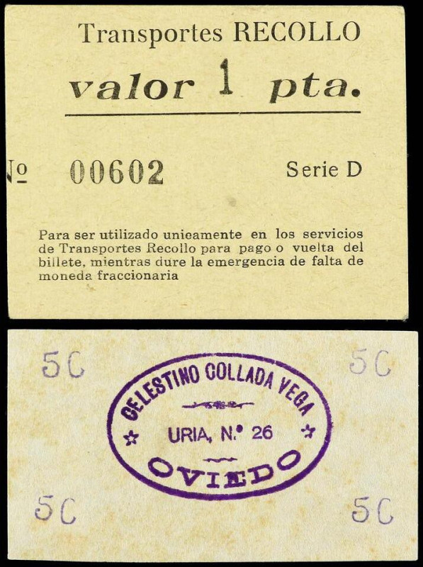 Lote 2 vales 5 Céntimos y 1 Peseta. CELESTINO COLLADA VEGA, URIA N 26 OVIEDO y T...